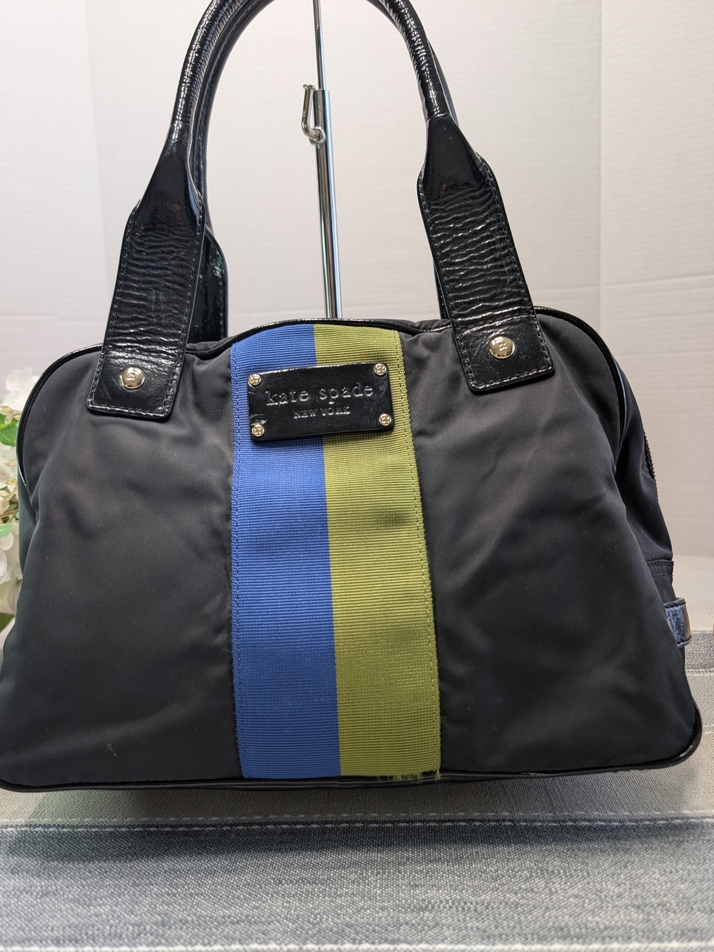 🌹kate spade Vintage Black Satchel w/ Blue and Green Center Stripe